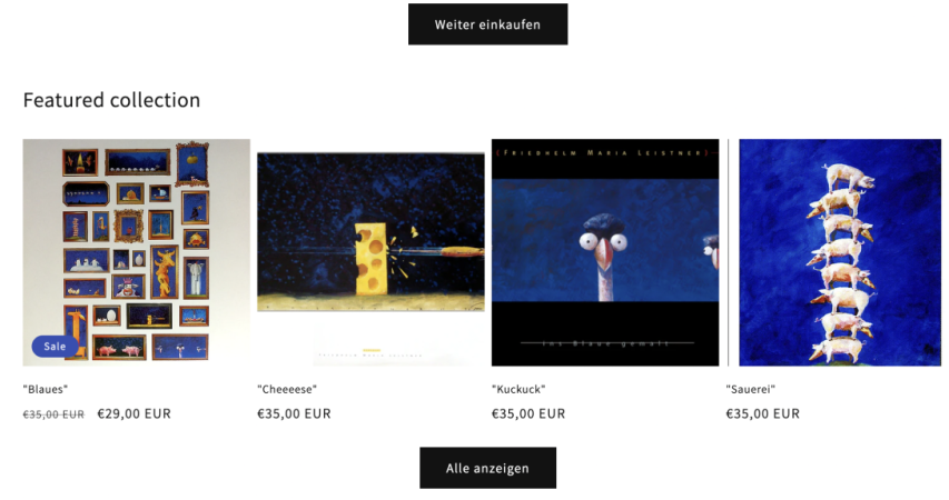 Screenshot vom Webshop mit Reproduktionen von Kunstwerken und den Kaufpreisen