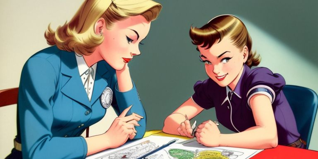Two girls sit at a table and discuss something. 50th comic style