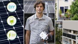 Dreiteiliges Bild. Links ein Solarmodul mit Grafiken, mittig der Gründer rechts ein Foto von Balkonkraftwerken